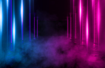 Background of an empty room with brick walls and neon lights, laser lines and multi-colored smoke