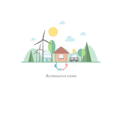 green energy eco friendly  house alternative smart home concept wind turbines solar panels and geothermal power  landscape background flat vector illustration