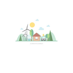 green energy eco friendly house alternative smart home concept wind turbines solar panels landscape background flat vector illustration