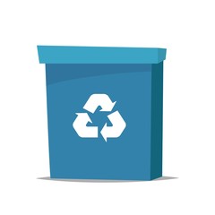 Big blue recycle garbage can with recycling symbol on it. Trash bin in cartoon style. Recycling trash can. Vector illustration.