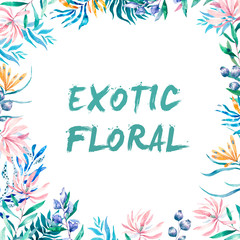 Fototapeta premium Watercolor exotic frame with tropical leaves, flowers and toucan for wedding, invite, birthday card. Isolated illustrarion summer colors, design vertical frame on white background