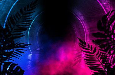 Background of an empty room with brick walls and neon lights. Silhouettes of tropical leaves,...