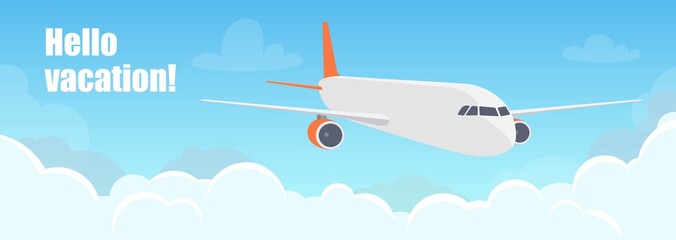 Flying plane above the clouds. Aircraft in the sky. Travel concept illustration for advertising airline, website to search for air tickets, travel agency. Traveling flyer, banner, vector illustration.