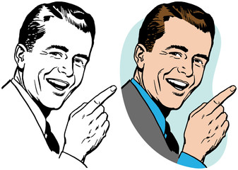 A smiling businessman pointing to the right.