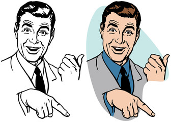 A smiling businessman pointing in two directions.