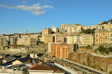 Fototapeta na wymiar Aerial view of the railway tracks of Piazza Principe train station in a sunny day, Genoa, Liguria, Italy