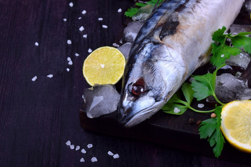 Fresh mackerel on a black chopping board surrounded by ice, lime, lemon, parsley and spices 