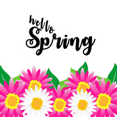 Beautiful colorful background with flowers. Vector Illustration with lettering inscription Hello Spring.