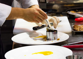Chef preparing food, meal, in the kitchen, chef cooking, Chef decorating dish