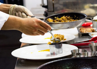 Chef preparing food, meal, in the kitchen, chef cooking, Chef decorating dish