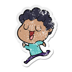 distressed sticker of a laughing cartoon man running