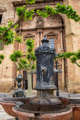 A fountain in front of the Church of Santa Maria de la Asuncion in Navarrete, La Rioja, Spain on the Way of St. James or Camino de Santiago