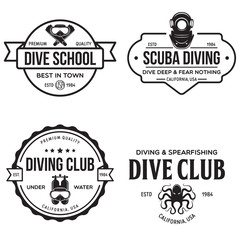 Set of Scuba diving club and diving school design. Concept for shirt or logo, print, stamp or tee. Vintage typography design with diving gear silhouette