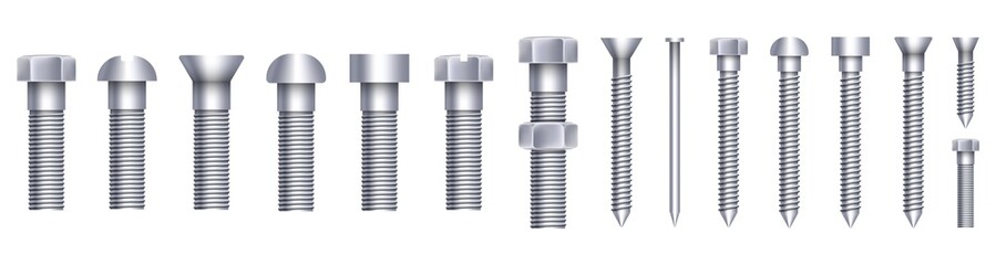 Creative vector illustration of steel brass bolts, metal screws, iron nails, rivets, washers, nuts hardware side view isolated on transparent background. Art design abstract concept graphic element