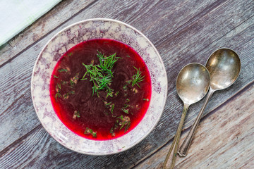 Red borscht - clear beetroot soup common in Eastern Europe and Russia