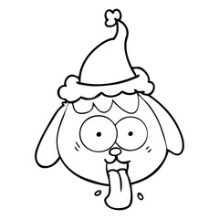 line drawing of a dog face panting wearing santa hat