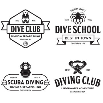 Set of Scuba diving club and diving school design. Concept for shirt or logo, print, stamp or tee. Vintage typography design with diving gear silhouette