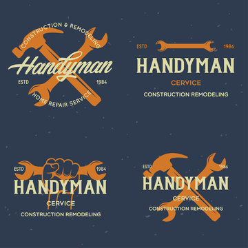 Handyman labels badges emblems and design elements. Tools silhouettes. Carpentry related vector vintage illustration.