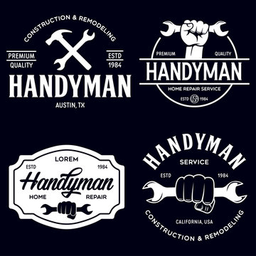 Handyman labels badges emblems and design elements. Tools silhouettes. Carpentry related vector vintage illustration.