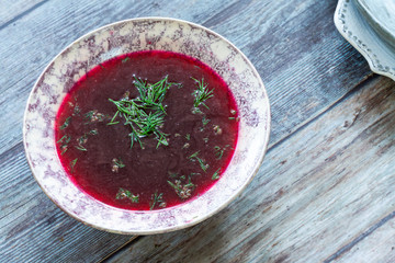 Red borscht - clear beetroot soup common in Eastern Europe and Russia