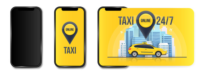 Fototapeta premium Creative vector illustration of taxi online service banner, urban city skyscrapers isolated on transparent background. Art design mobile app template. Abstract concept graphic element