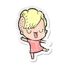 distressed sticker of a cute cartoon girl with hipster haircut