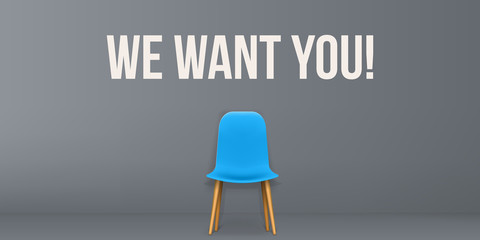 Creative vector illustration of we are hiring - recruiting concept, resources job employment career jobless interview, chairs isolated on background. Art design template. Abstract graphic element