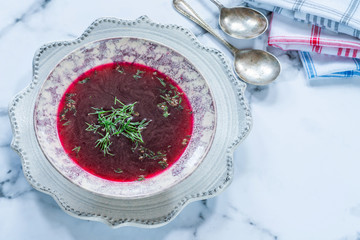 Red borscht - clear beetroot soup common in Eastern Europe and Russia