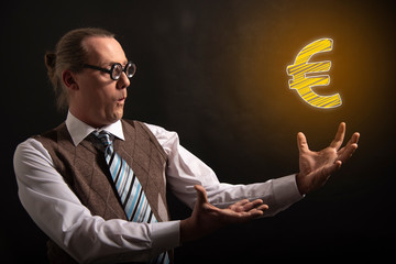 Funny nerd or geek showing euro icon