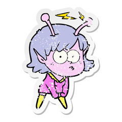 distressed sticker of a cartoon alien girl