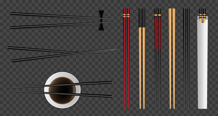 Creative vector illustration of sushi food chopsticks set with soy sauce isolated on transparent background. Art design traditional asian bamboo utensils template. Abstract concept graphic element