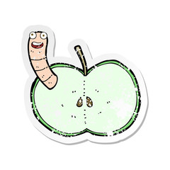 retro distressed sticker of a cartoon apple with worm