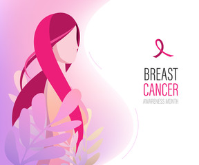 Obraz na płótnie Canvas Breast cancer day international Landing Page Template.Women with ribbon People Characters for ui, web, mobile app, poster and banner.