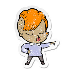 distressed sticker of a cartoon pretty hipster girl
