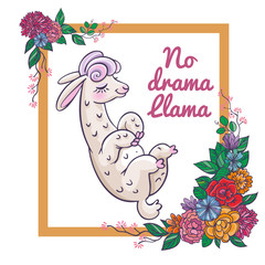 Beautiful llama, alpaca portrait with flowers frame. Vector, sketch, outline, cartoon Illustration