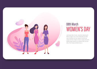 Women's day international Landing Page Template.Young Women People Characters for ui, web, mobile app, poster and banner.
