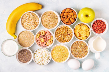 Ingredients for healthy breakfast, top view.