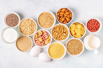 Ingredients for healthy breakfast, top view.