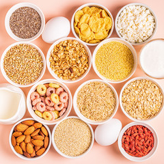 Ingredients for healthy breakfast, top view.