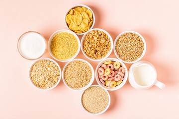 Ingredients for healthy breakfast, top view.