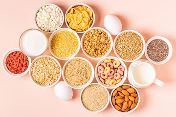 Ingredients for healthy breakfast, top view.