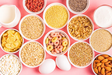 Ingredients for healthy breakfast, top view.