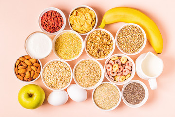 Ingredients for healthy breakfast, top view.