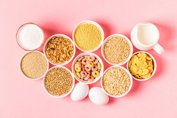 Ingredients for healthy breakfast, top view.