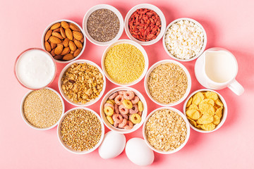 Ingredients for healthy breakfast, top view.