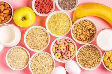 Ingredients for healthy breakfast, top view.