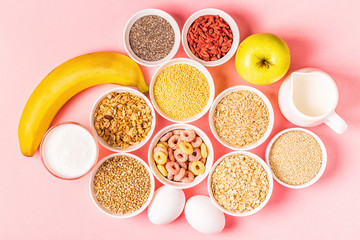 Ingredients for healthy breakfast, top view.