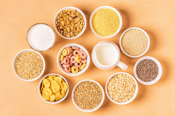 Ingredients for healthy breakfast, top view.