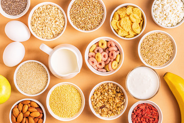 Ingredients for healthy breakfast, top view.