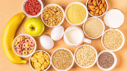 Ingredients for healthy breakfast, top view.